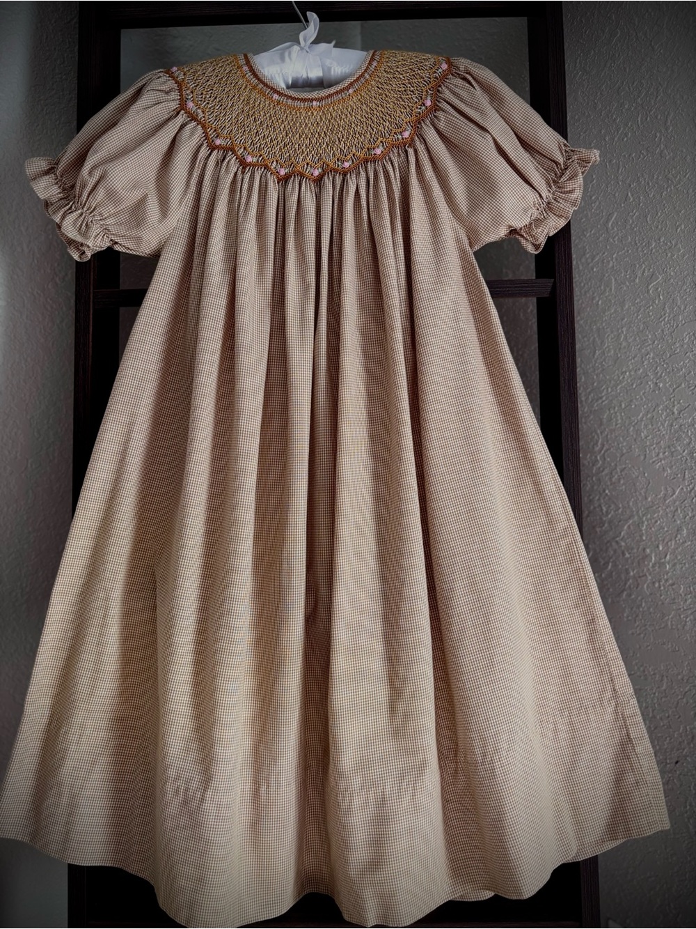 Girls Beige Smocked Bishop Dress with Embroidered Yoke